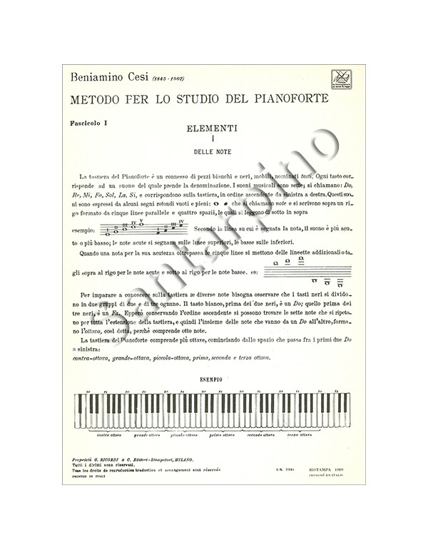 METODO PER LO STUDIO DEL PIANOFORTE IN 12 FASCICOLI - FASC. I - BENIAMINO CESI