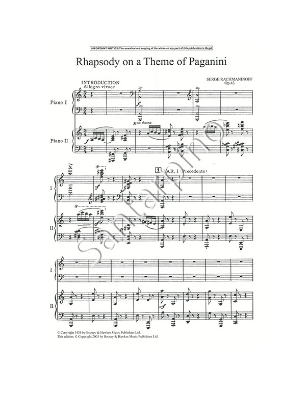RHAPSODY ON A THEME OF PAGANINI OP. 43 FOR TWO PIANOS - RACHMANINOFF