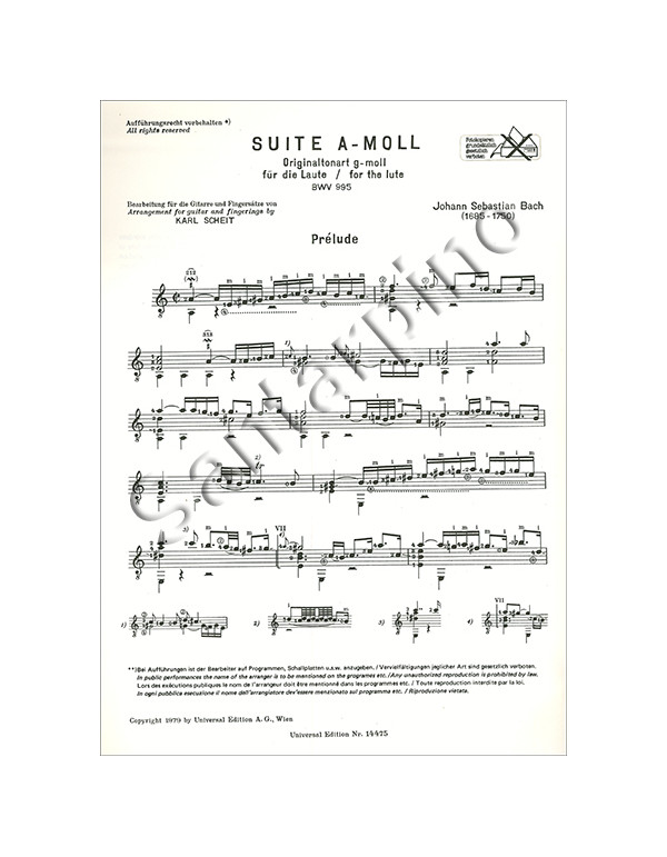 COMPPLETE WORKS FOR THE LUTE SUITE A-MOLL BWV 995 ORIGINAL KEY G MINOR - BACH