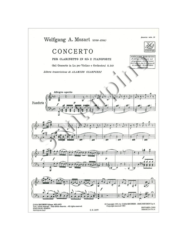 CONCERTO PER CLARINETTO IN SI b. E PIANOFORTE K. 219 - MOZART